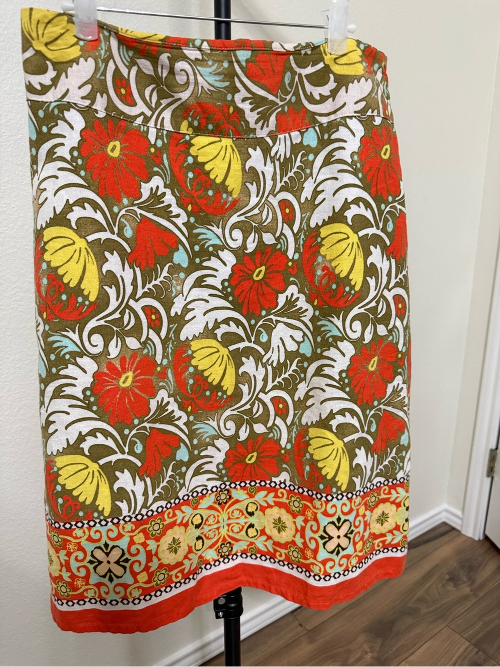 Women’s Floral Border Print Skirt in Olive, Red & Yellow
